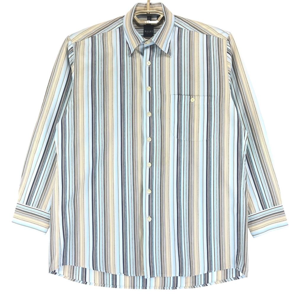 Haupt Men's M (15.5 39-40) Shirt Blue Beige Cotton Striped 1 Pocket Long Sleeve